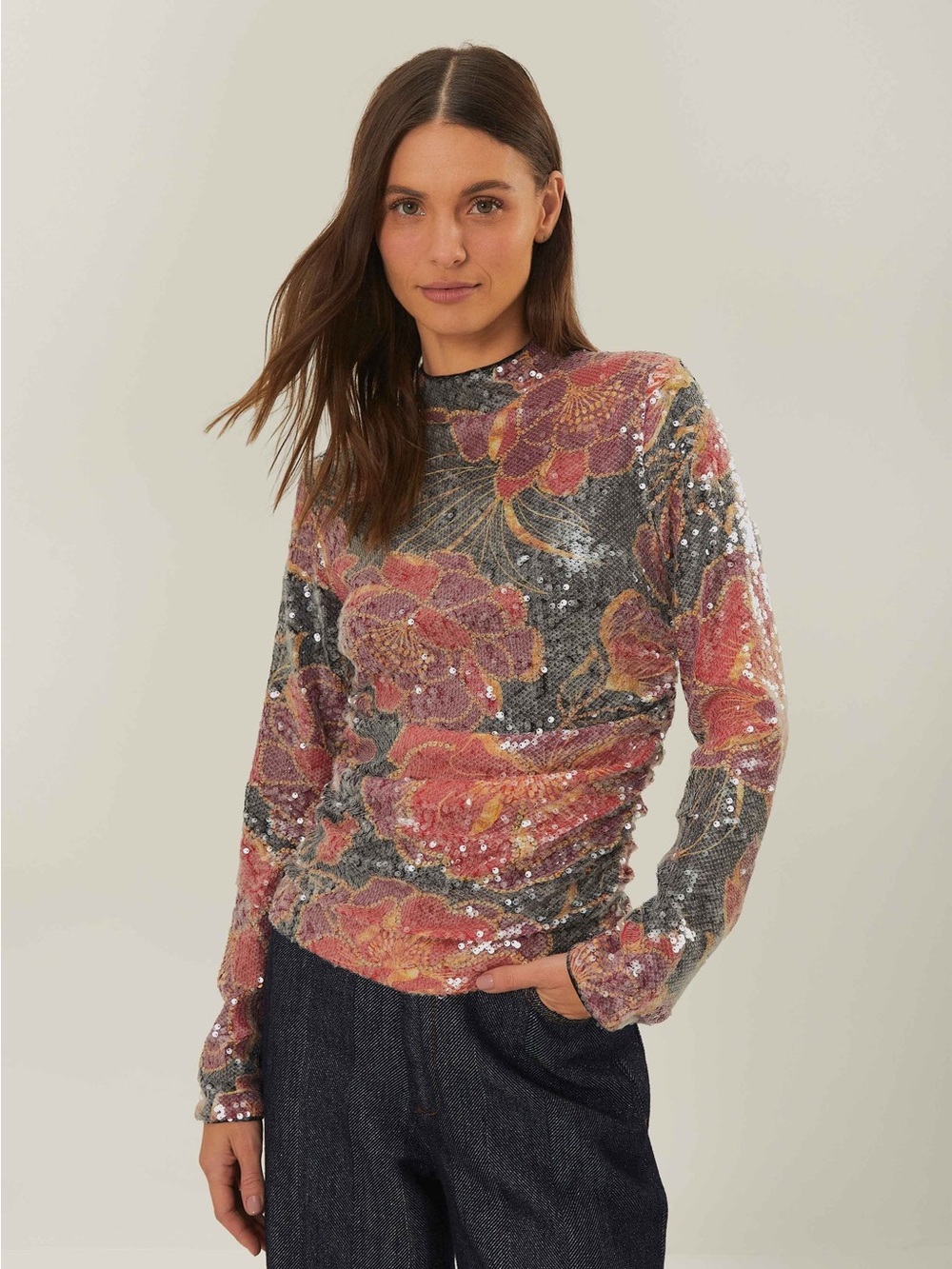 FARM Rio Pink Floral Sequin Long-Sleeve Top on Gray